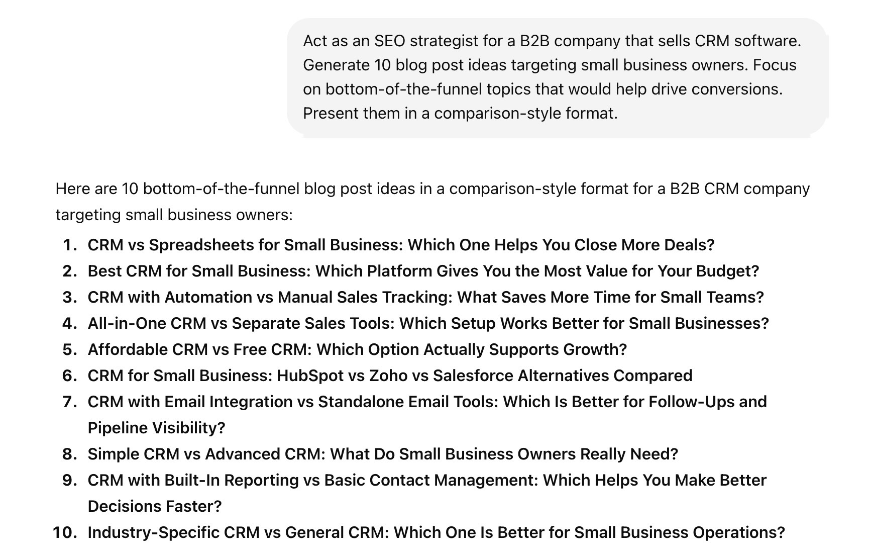A list of content ideas, for a CRM software business, generated on ChatGPT based on a descriptive prompt.